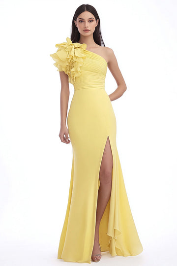 Daffodil One Shoulder Chiffon Mermaid Formal Dress with Ruffles